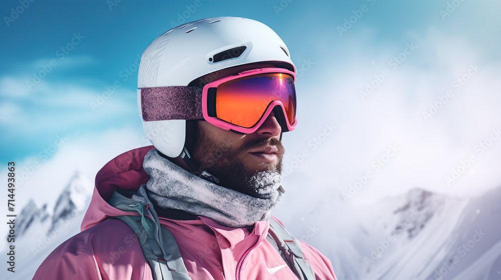Close-Up Portrait of a Male Skier Wearing Goggles in a Snowy Mountain Range During Winter