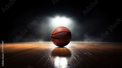 A basketball centered on a wooden court under a dramatic spotlight, evoking anticipation and focus in sports. © red_orange_stock