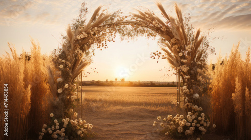 A romantic rustic wedding arch decorated with white flowers stands in a field, basking in the warm glow of sunset. photo