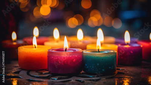 A collection of lit candles in various colors cast warm light on a dark reflective surface  evoking calmness.