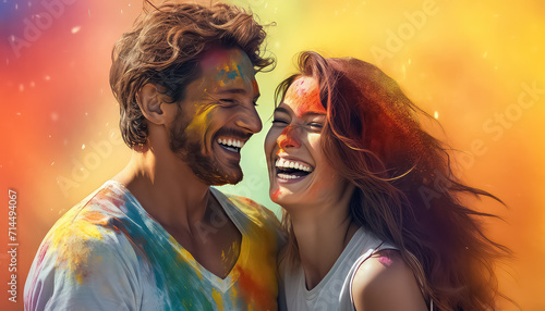 Couple in love celebrating the festival of colors , happy holi indian concept