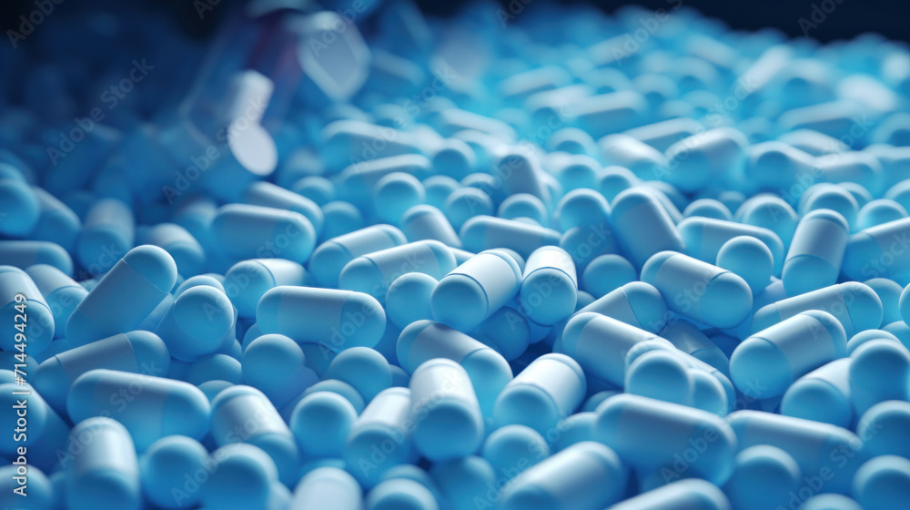 Obraz premium Countless blue capsules scattered, creating a backdrop suggestive of pharmaceutical production or medical research.