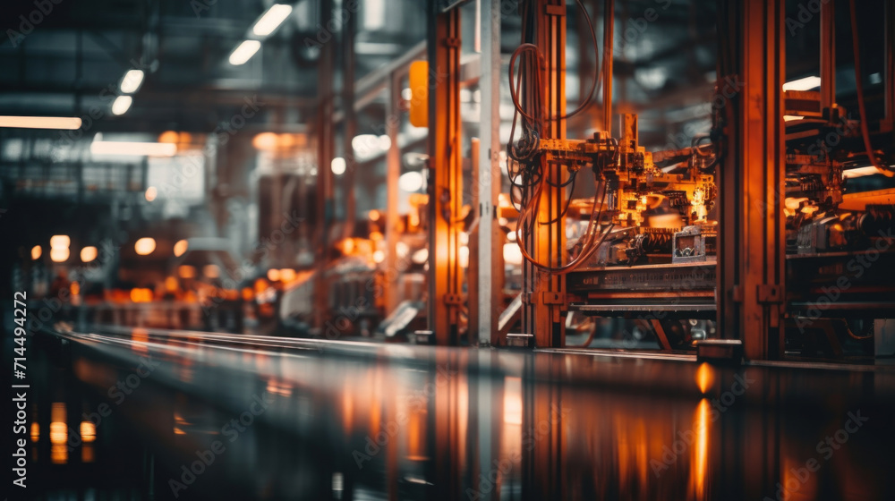 The dynamic atmosphere of a busy factory floor with industrial machinery, highlighting the production line and manufacturing process.