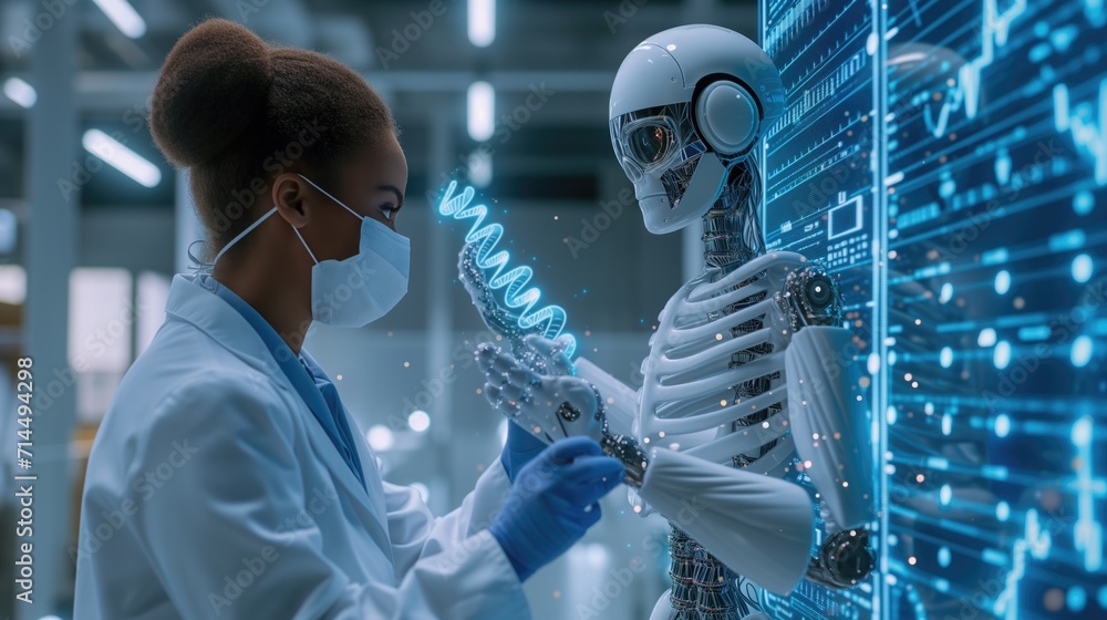 Doctor and medical assistant robot analysis and testing result of DNA on modern virtual interface, science and technology, innovation and future of medical healthcare in laboratory background - obrazy, fototapety, plakaty 