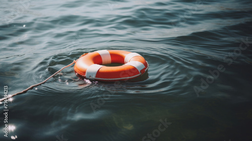 A single orange and white lifebuoy floating on the tranquil surface of water, tied with a rope, symbolizing safety and rescue.