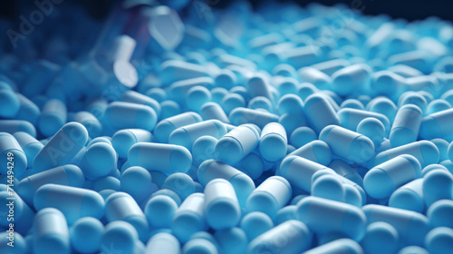 Countless blue capsules scattered, creating a backdrop suggestive of pharmaceutical production or medical research.