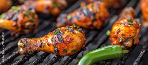 Spicy chicken drumsticks grilling on a BBQ with a close-up of a green chili pepper. photo