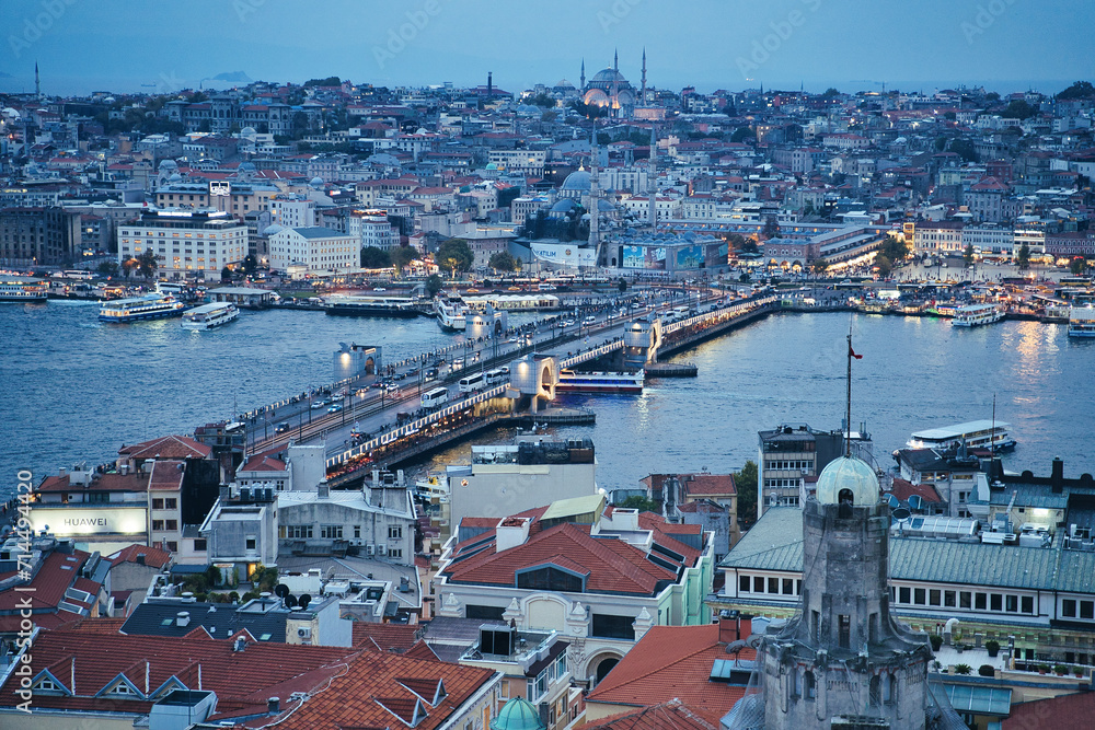 Evening View of the Galata bridge and Ottoman istanbul as seen from the top of Galata Tower in Istanbul, Turkey
