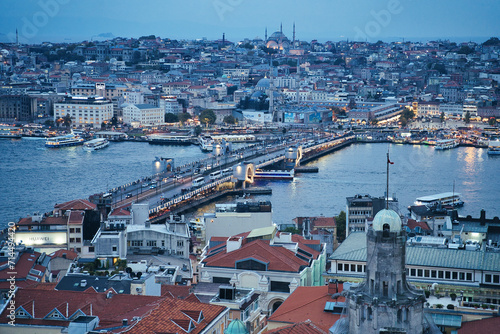 Evening View of the Galata bridge and Ottoman istanbul as seen from the top of Galata Tower in Istanbul, Turkey © InnerPeace