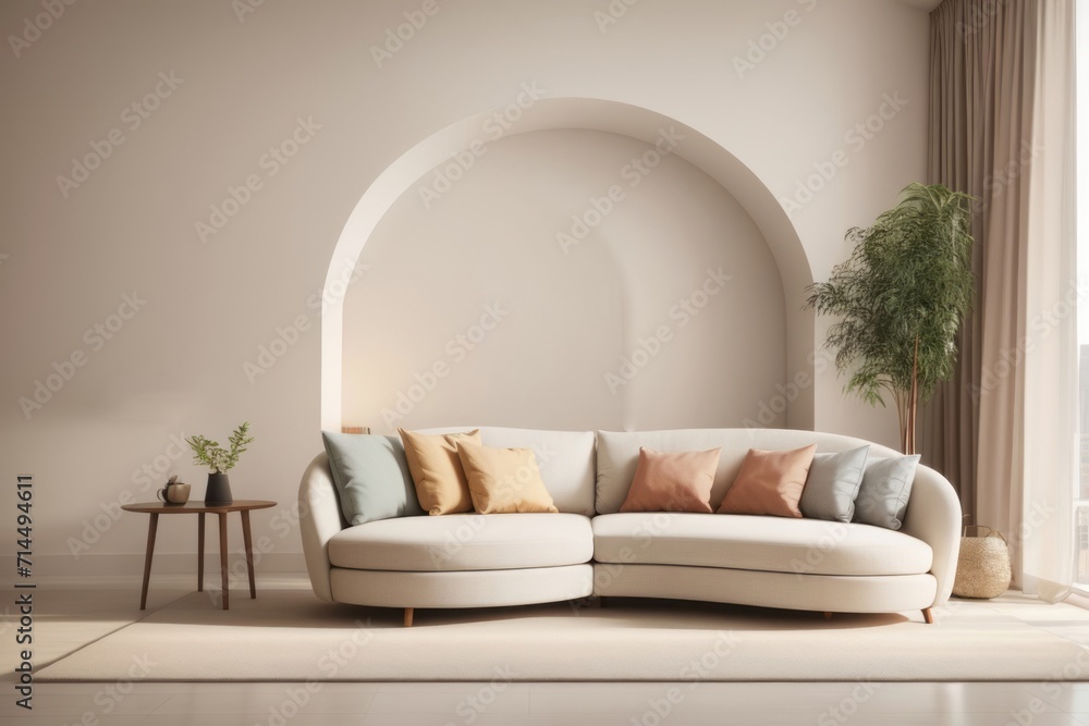 Japandi Interior home design of modern living room with beige curved sofa and large window with home decoration