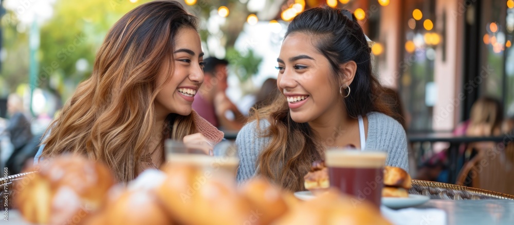 Two young Latinas enjoying friends, coffee, and pastries at Cafe Patio