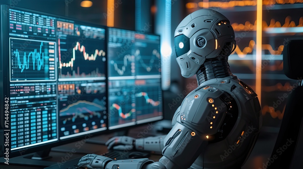 robot artificial intelligence successful business. Dressed suit and tie in the room with graph chart finance hologram floating in front. robot artificial intelligence successful business. Dressed suit and tie in the room with graph chart finance hologram floating in front.