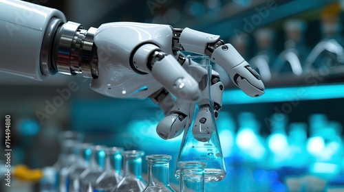 robot hand of scientist with test tube and flask in medical chemistry lab blue banner background. photo