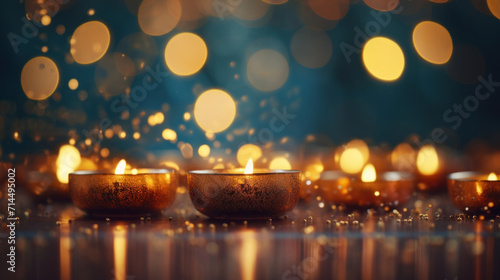 The warm golden glow of candlelight creates a tranquil ambience, complemented by a soft bokeh effect in the background. © red_orange_stock