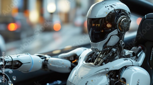 The robot artificial intelligence is the driver. Sitting behind the steering wheel of a car.
