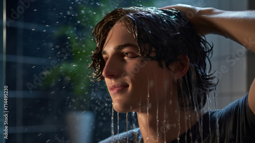 Close-up of a young man with wet hair standing in a shower, water droplets cascading down his face, evoking freshness and cleanliness.