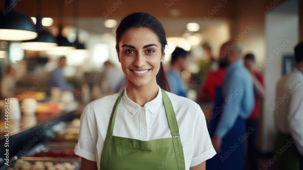 A cheerful female chef wearing a green apron stands confidently in a bustling restaurant kitchen, representing culinary professionalism. A cheerful female chef wearing a green apron stands confidently in a bustling restaurant kitchen, representing culinary professionalism.