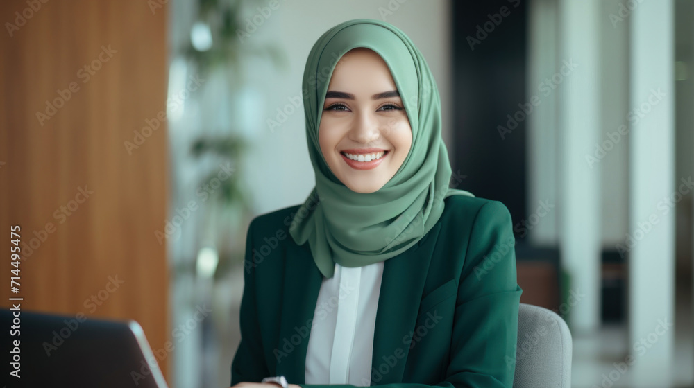 A professional young woman in a green hijab beams with a confident smile, sitting at her workplace, representing diversity and inclusion.