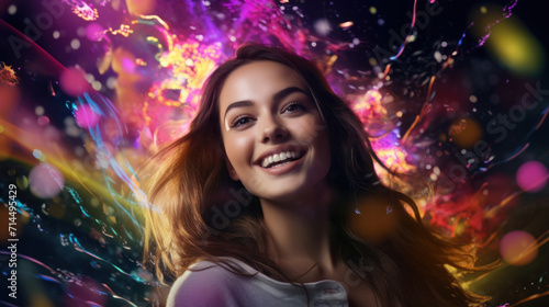 A radiant young woman with a beaming smile against a mesmerizing background of abstract colorful splashes.