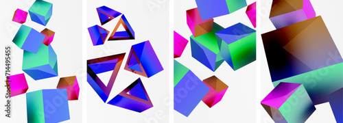 Flying 3d shapes, cubes and other geometric elements background design for wallpaper, business card, cover, poster, banner, brochure, header, website