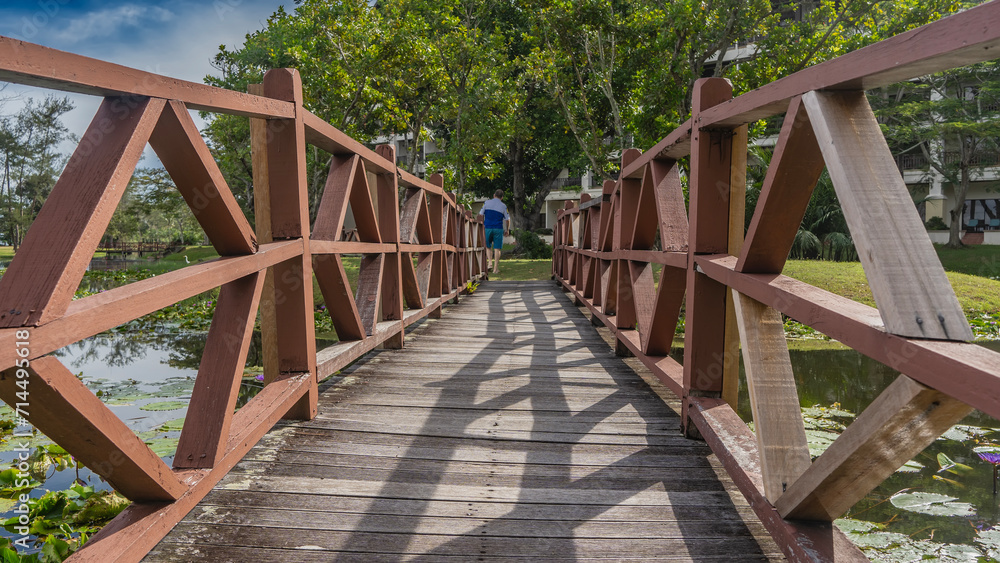 A plank pedestrian bridge with wooden railings spans the river. A man walks away across a green lawn. Water lilies bloom on the water. A house among the green vegetation in the distance. Malaysia. A plank pedestrian bridge with wooden railings spans the river. A man walks away across a green lawn. Water lilies bloom on the water. A house among the green vegetation in the distance. Malaysia.