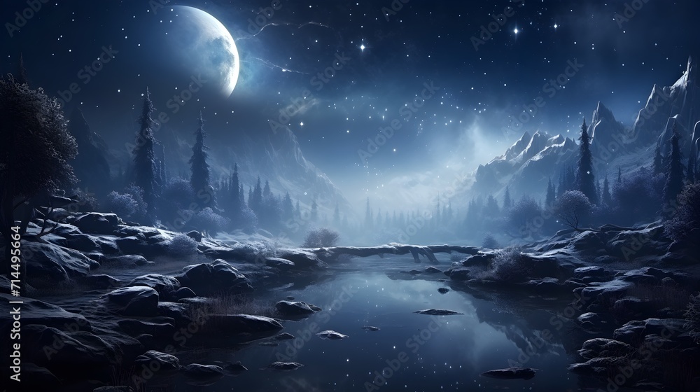 Tranquil night winter fantasy landscape with a crescent moon over a serene lake in a forest Tranquil night winter fantasy landscape with a crescent moon over a serene lake in a forest
