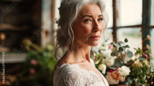 An elderly woman bride in an elegant lace wedding dress sitting gracefully by the window