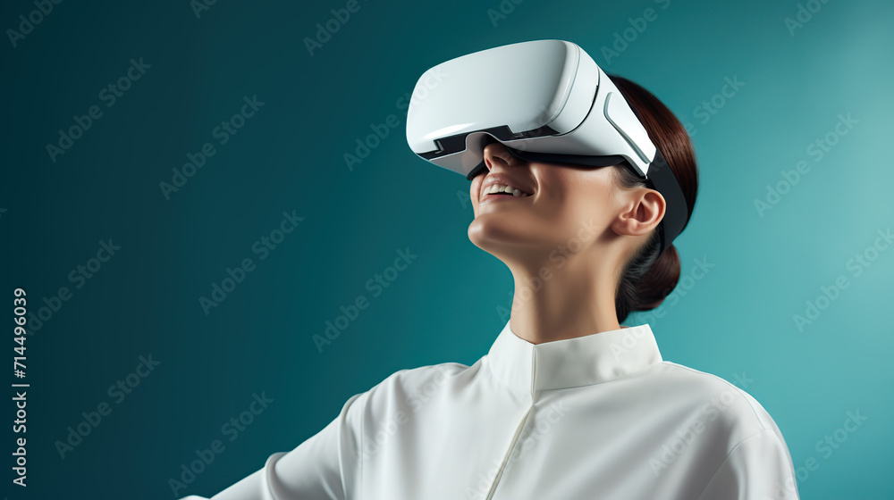 A woman wearing a virtual reality headset, engaged in an immersive digital experience A woman wearing a virtual reality headset, engaged in an immersive digital experience