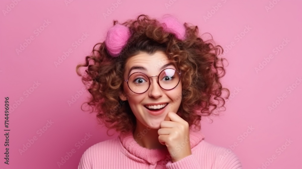 Portrait of a beautiful girl with curly hair and glasses on a pink background.