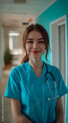 A Smiling Nurse standing in a Hallway - Medical Woman with Blue and Azure Clothes, Strong Composition Background created with Generative AI Technology