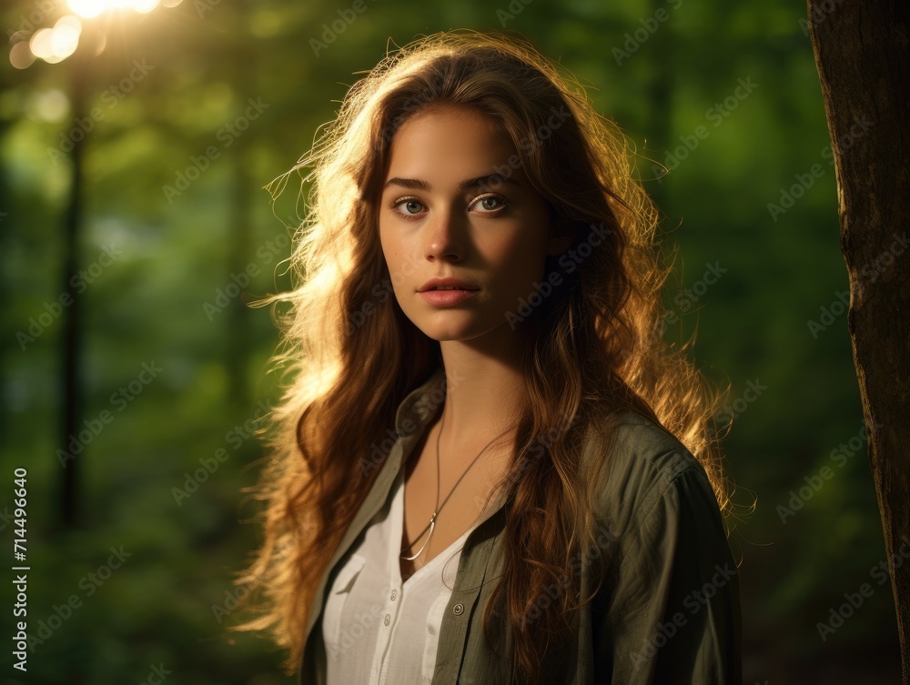 A beautiful young woman in the woods. Generative AI. A beautiful young woman in the woods. Generative AI.