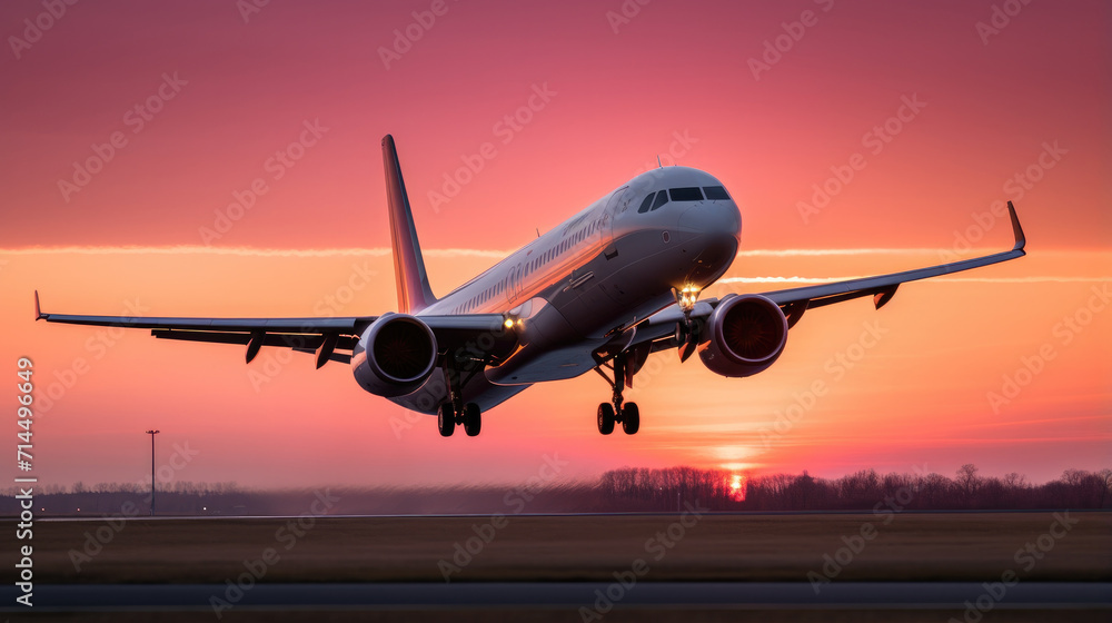 A large passenger jet taking off from a runway. Generative AI.