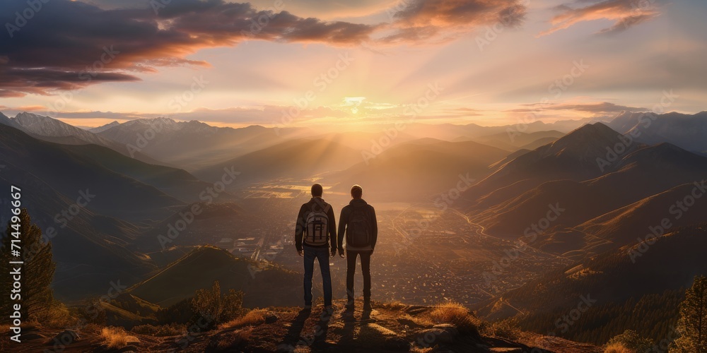 Two men standing on top of a mountain at sunset. Generative AI.