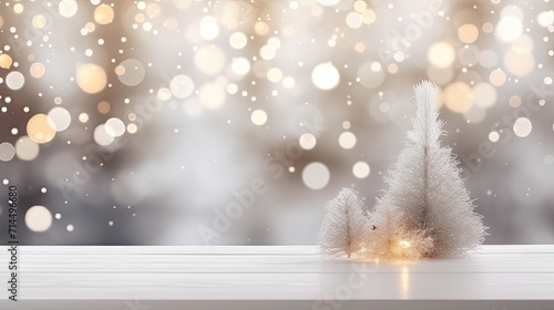 Empty white wold table top with abstract warm living room decor with christmas tree string light blur background with snow,Holiday backdrop,Mock up banner for display of advertise product 