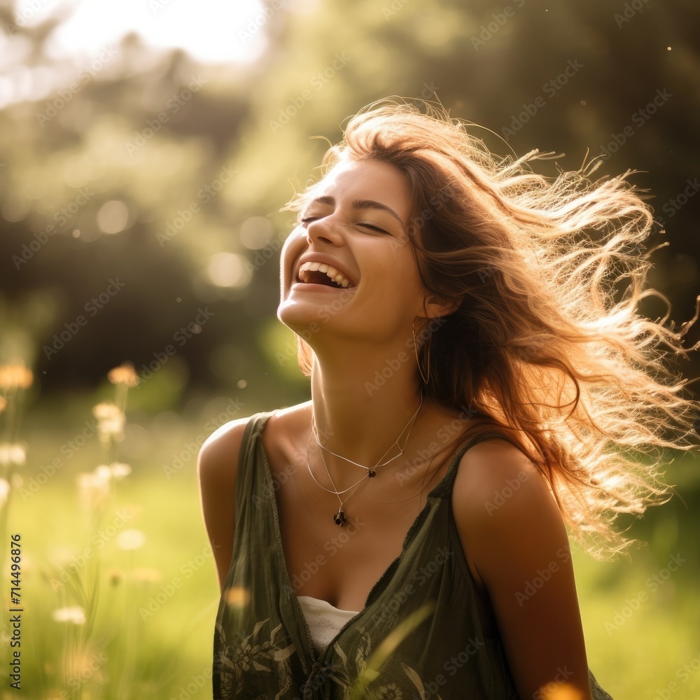A woman laughing in a field with her hair blowing in the wind. Generative AI. A woman laughing in a field with her hair blowing in the wind. Generative AI.