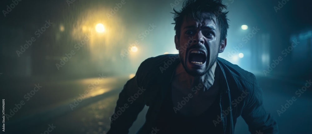 A man is screaming in the dark at night. Generative AI. A man is screaming in the dark at night. Generative AI.