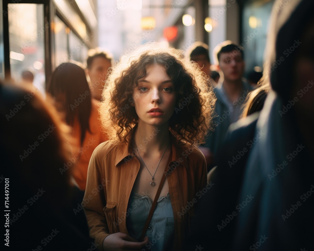 A woman with curly hair standing in a crowd. Generative AI. A woman with curly hair standing in a crowd. Generative AI.