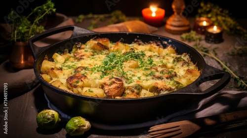 Potato and Brussels sprout casserole with minced meat, 16:9