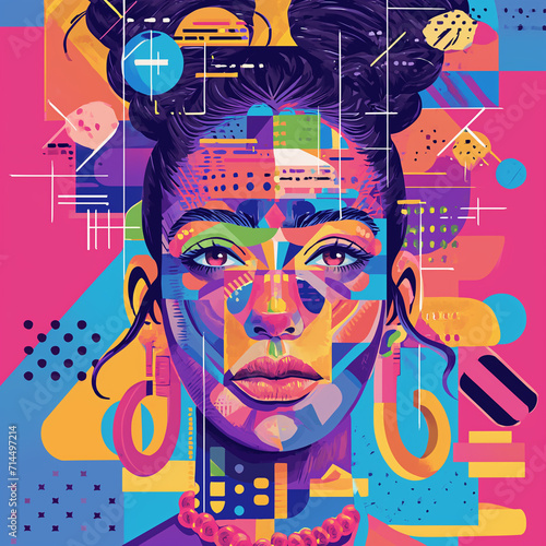 Vibrant abstract illustration of a BIPOC woman with cultural symbolism and technological elements  suitable for diverse representation.