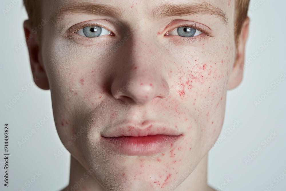 Male Face with Sparse Red Acne Scarring Close-up Male Face with Sparse Red Acne Scarring Close-up