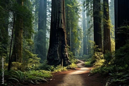 Beautiful path through towering redwoods in California. Generative AI