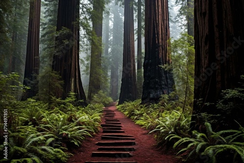 Beautiful path through towering redwoods in California. Generative AI