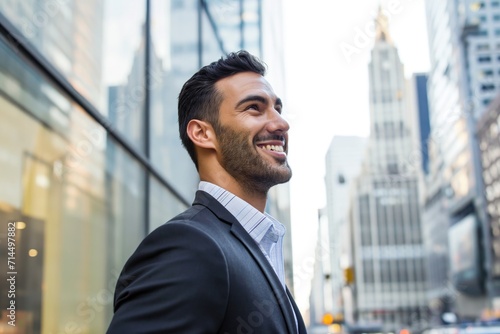 Happy wealthy rich successful business man standing in big city modern skyscrapers street on sunset thinking of successful future vision, dreaming of new investment opportunities