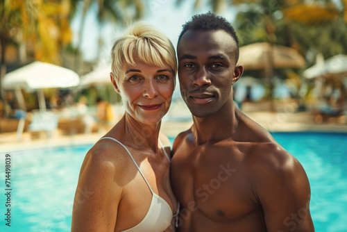 Gorgeous mature short haired blond woman posing with her muscle young black boyfriend at a resort swimming pool looking at the camera