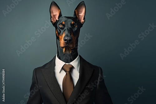 Portrait of a doberman pinscher dog dressed in a formal business suit,