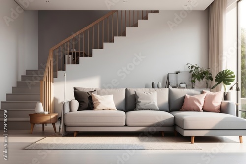 Scandinavian Interior home design of modern living room with sofa and table in room with staircase