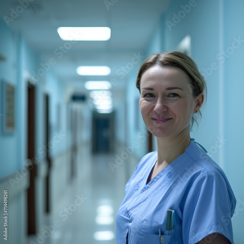 A Smiling Nurse standing in a Hallway - Medical Woman with Blue and Azure Clothes, Strong Composition Background created with Generative AI Technology