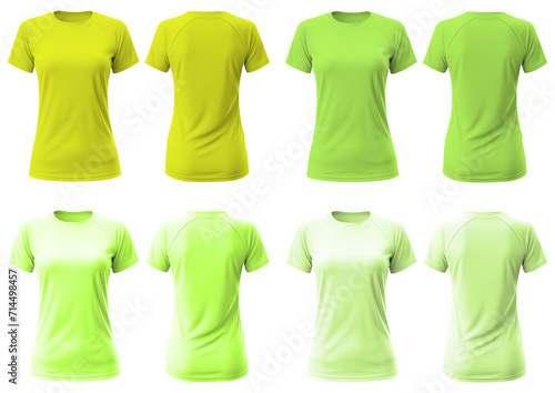 Set of Green lime front, back t-shirt woman cutout on transparent background. Mockup template product presentation.
