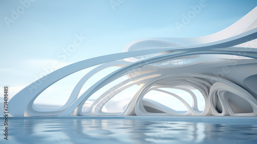 Abstract architecture scene with smooth curves. Abstract background with futuristic building in white and blue colors