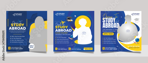 Study abroad social media post design, educational web banner admission square flyer template